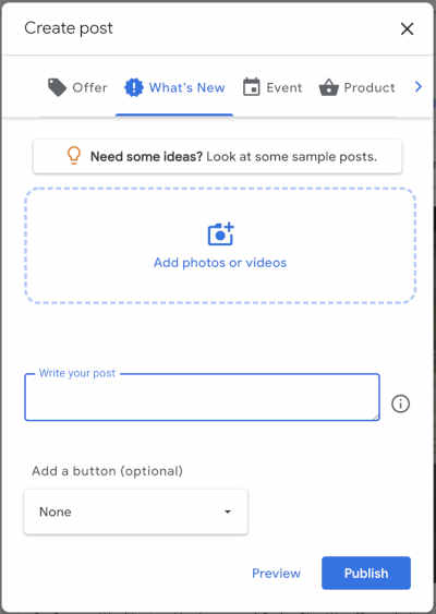 Google My Business Posts Page Create New Post