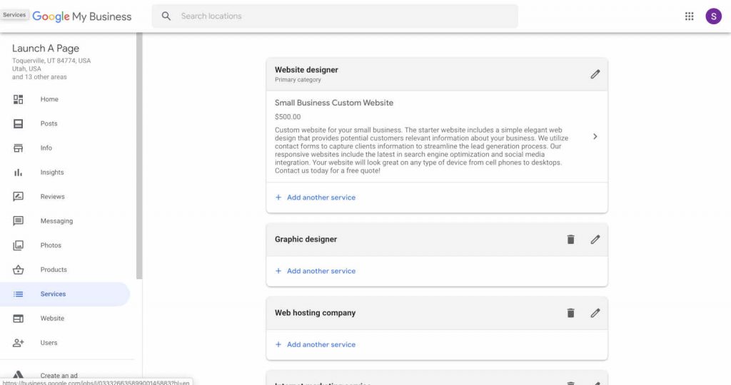 Google My Business Services Page