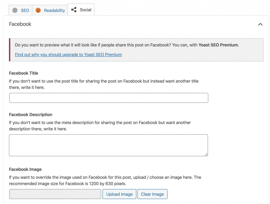 Yoast SEO social tab to edit your facebook and twitter titles, descriptions, and images