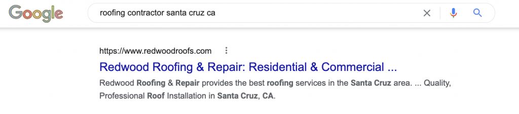 By using local SEO redwood roofs shows up on page one of google