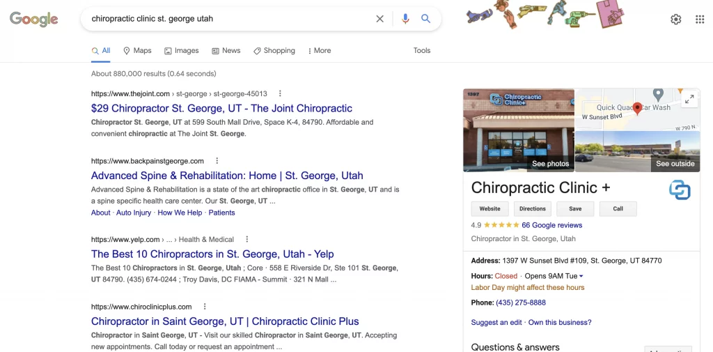Local SEO example of chiropractic clinic st george utah