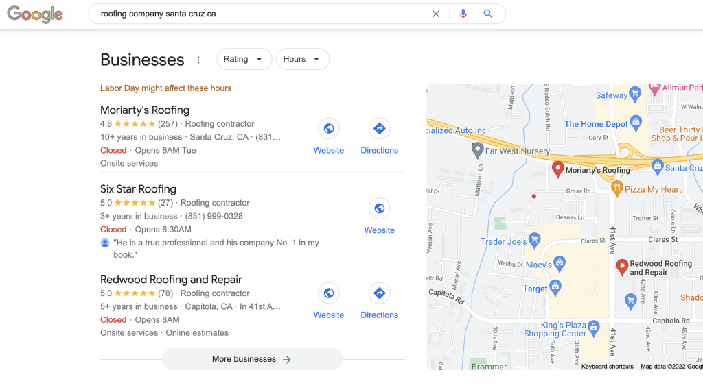 Redwood Roofs uses Local SEO to increase their google business listing rankings